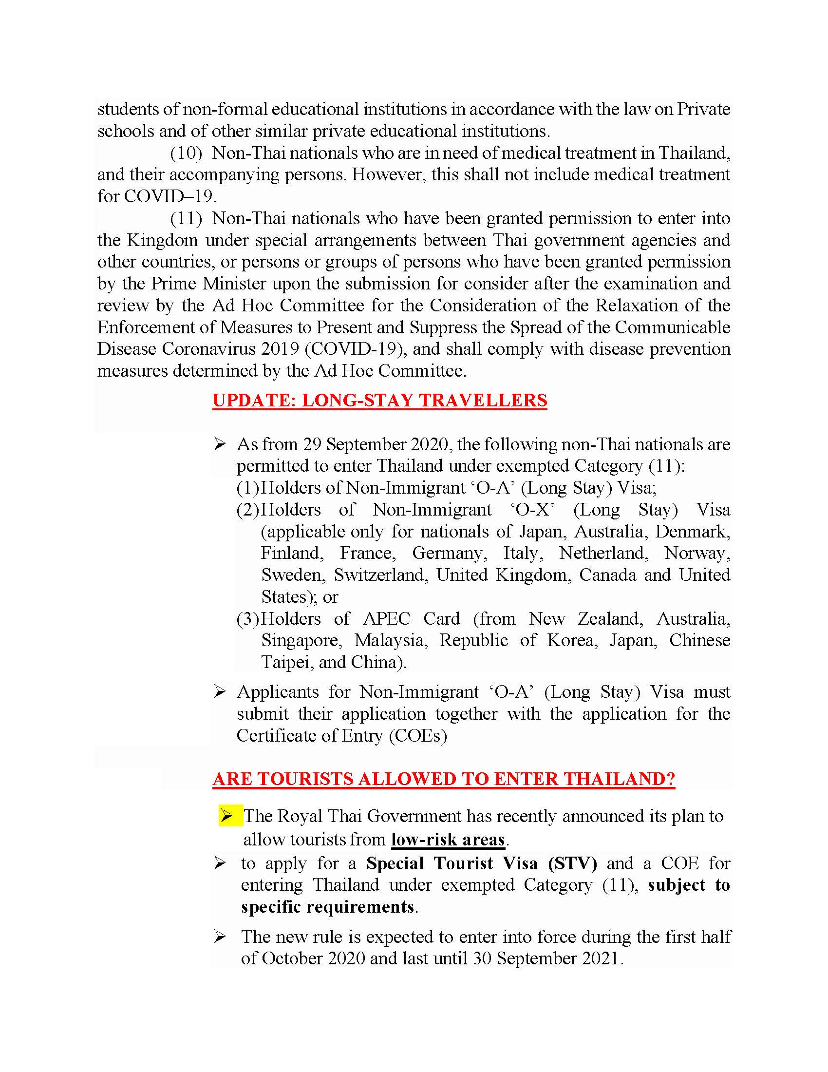 Updated regulations on entry to Thailand